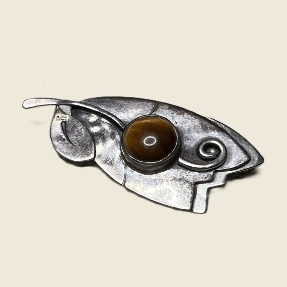 Gardella Sterling Tiger’s Eye Leaf Brooch - Picture 4 of 10